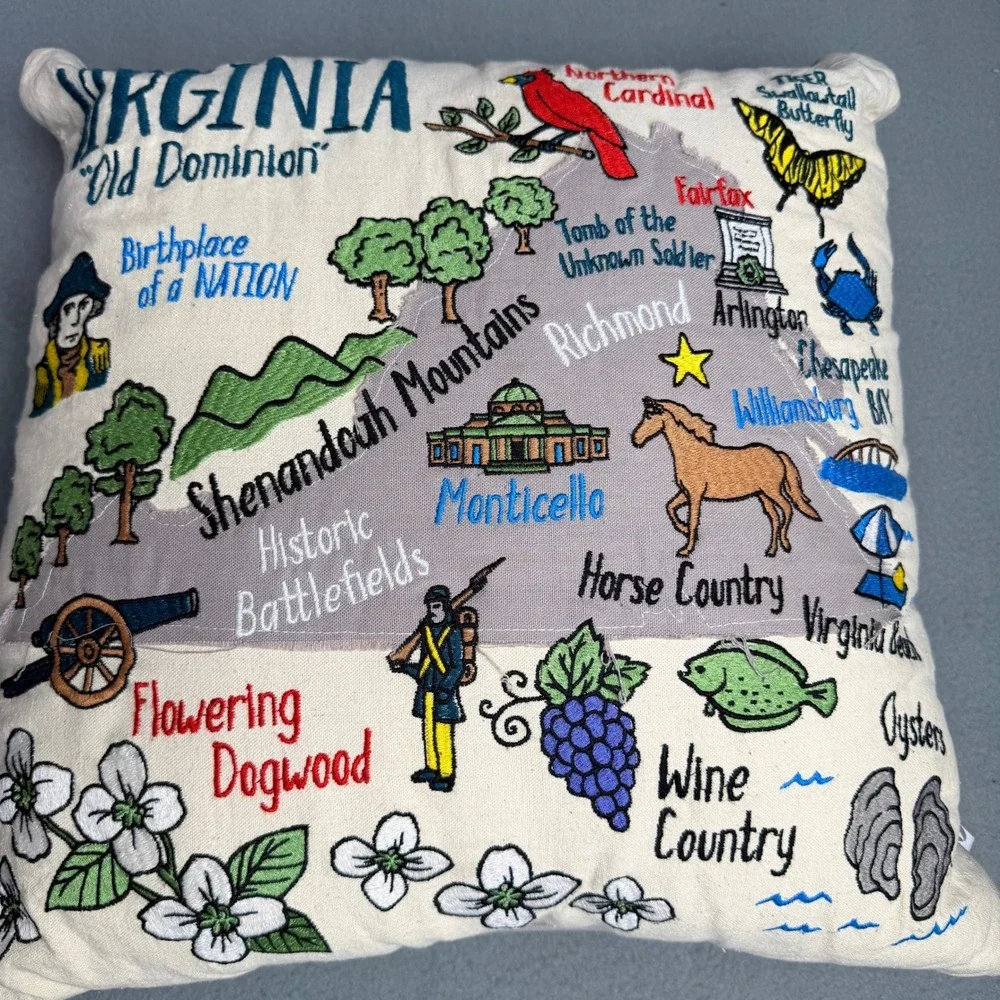 Catstudio Virginia State Hand Embroidered Pillow Old Dominion Retro Map Accent